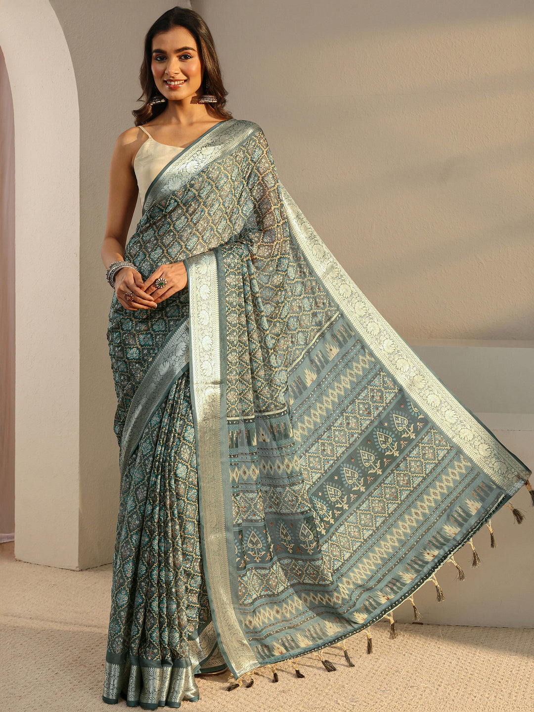  Blue Printed Chiffon Saree With Unstitched Blouse Piece 
