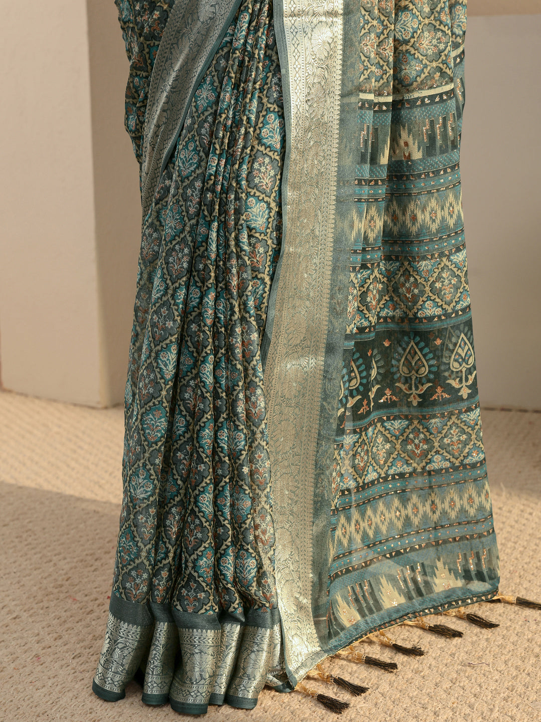 Blue Printed Chiffon Saree With Unstitched Blouse Piece 