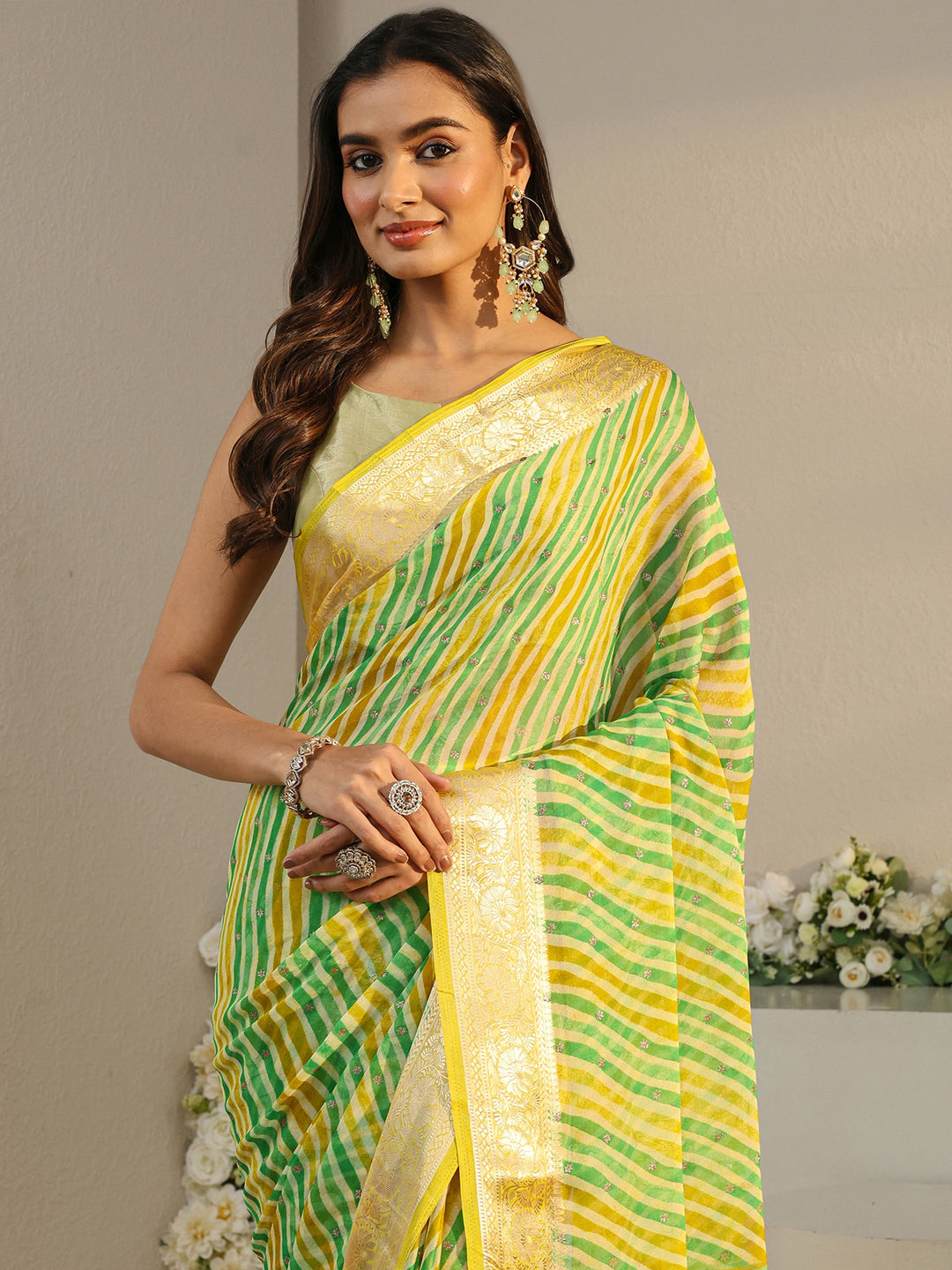  Green Leheriya Printed Chiffon Saree With Unstitched Blouse Piece 