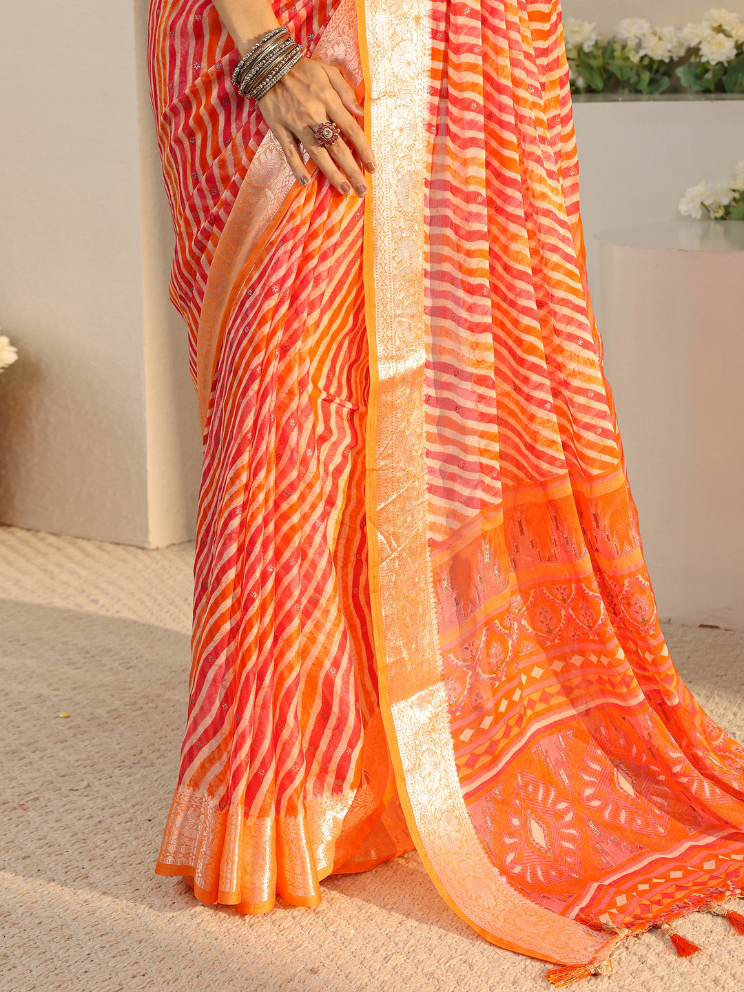  Orange Leheriya Printed Chiffon Saree With Unstitched Blouse Piece 
