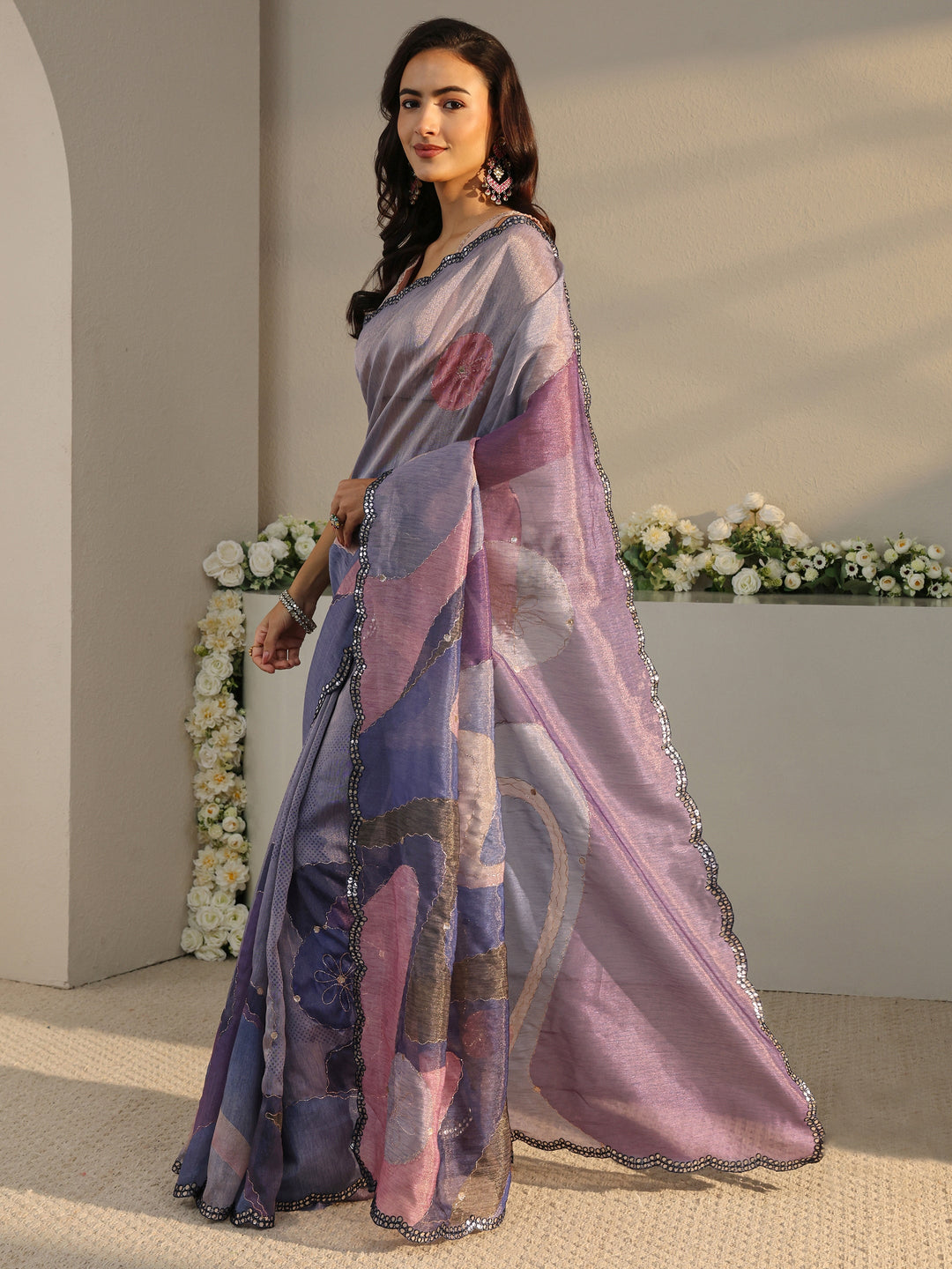  Purple Abstract Printed Tissue Saree With Unstitched Blouse Piece 