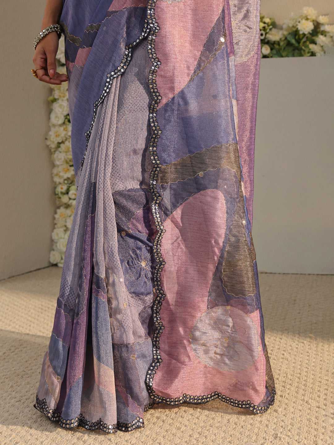  Purple Abstract Printed Tissue Saree With Unstitched Blouse Piece 