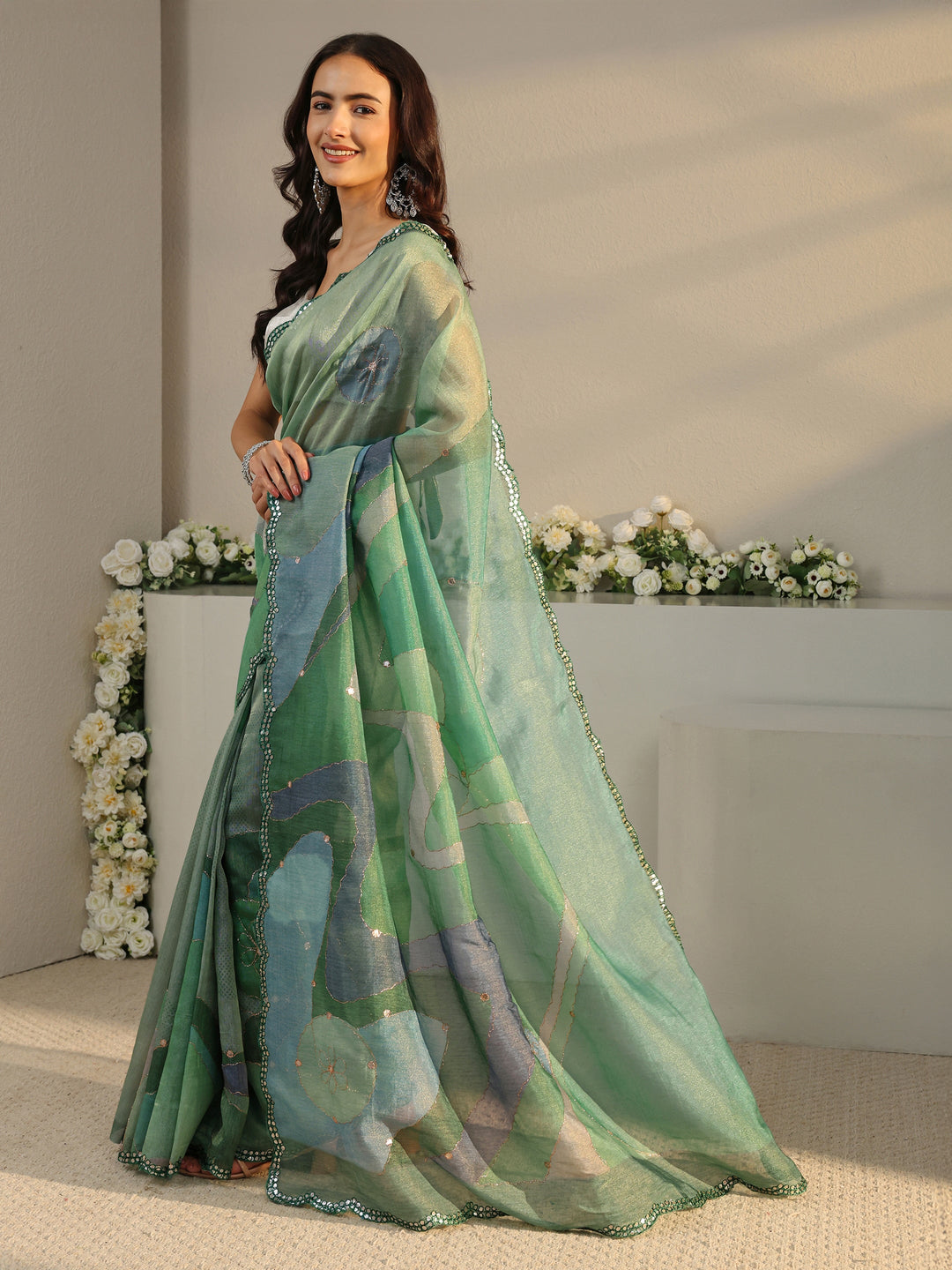  Green Abstract Printed Tissue Saree With Unstitched Blouse Piece 