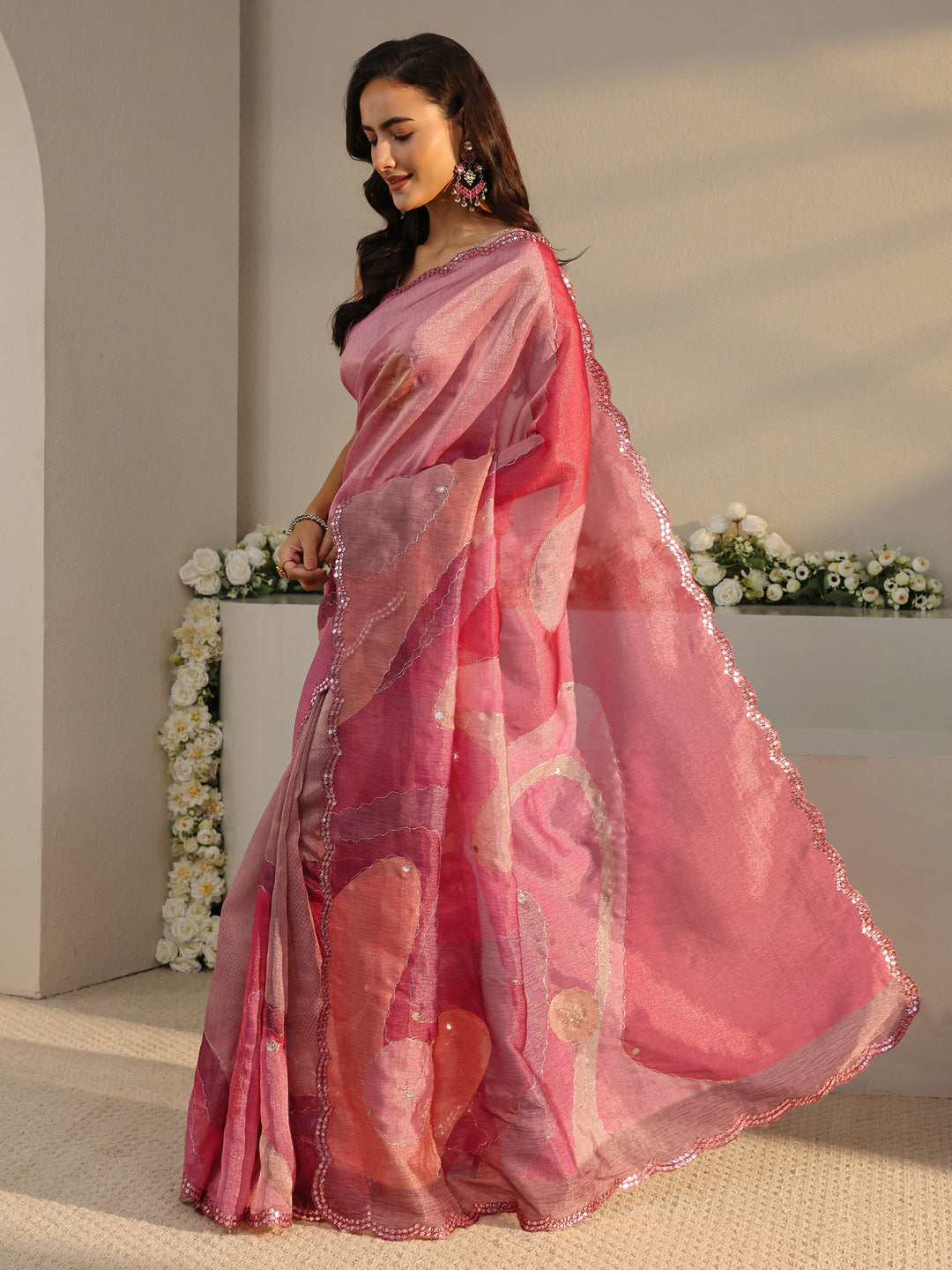  Pink Abstract Printed Tissue Saree With Unstitched Blouse Piece 