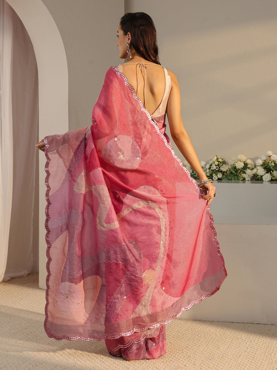  Pink Abstract Printed Tissue Saree With Unstitched Blouse Piece 