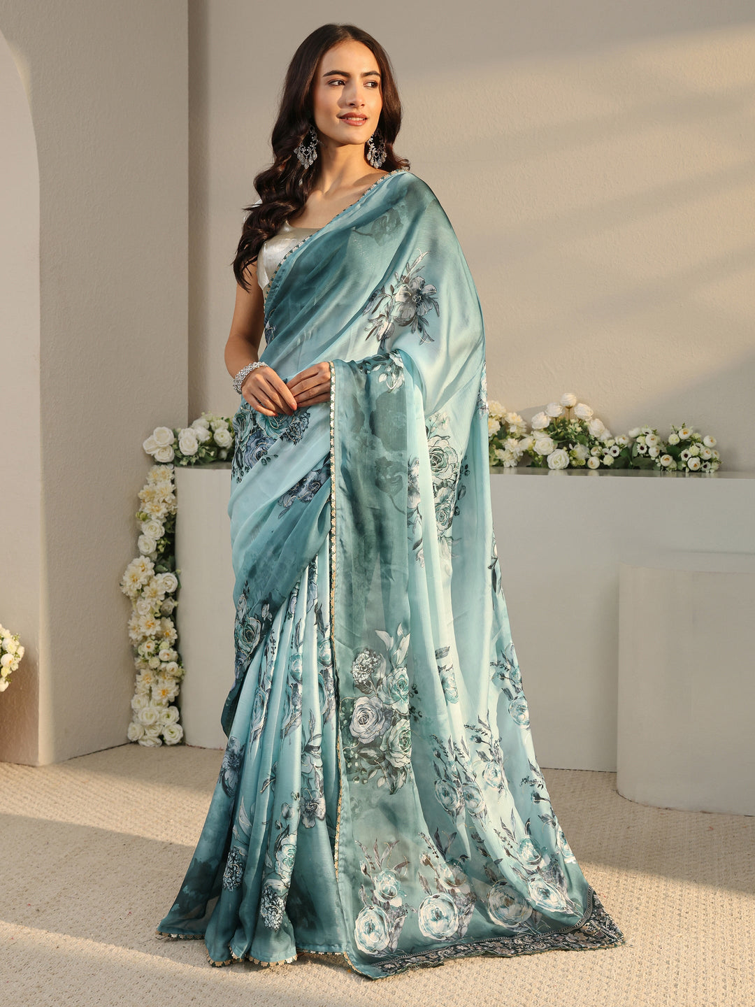  Blue Floral Printed Ombre Chiffon Saree With Unstitched Blouse Piece 