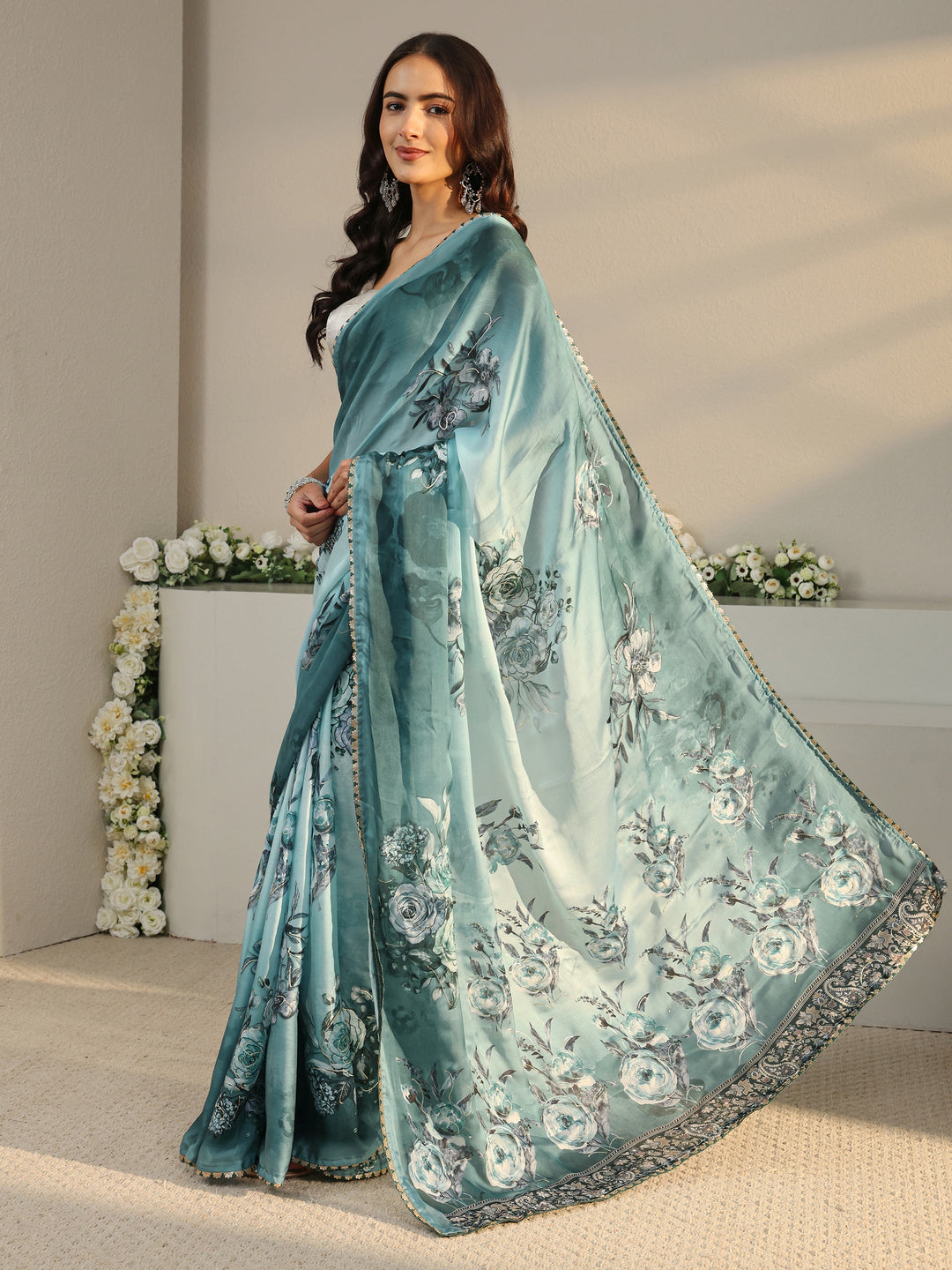  Blue Floral Printed Ombre Chiffon Saree With Unstitched Blouse Piece 