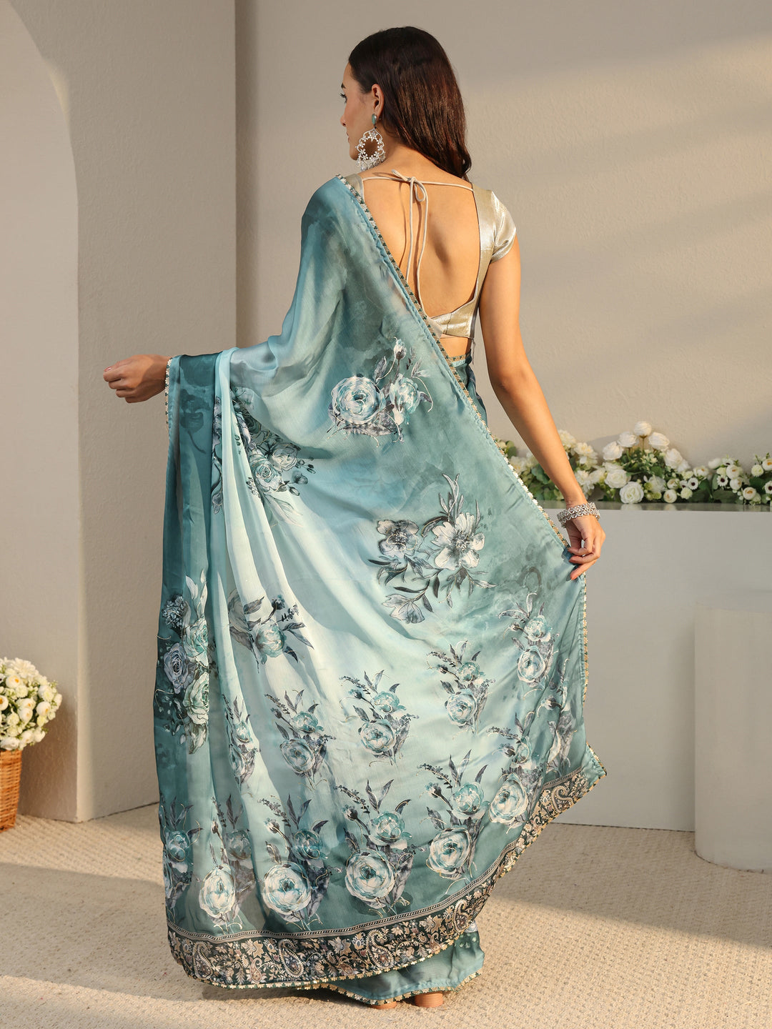  Blue Floral Printed Ombre Chiffon Saree With Unstitched Blouse Piece 
