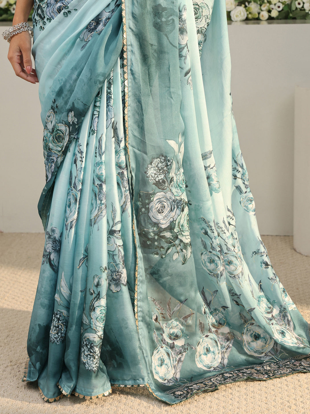  Blue Floral Printed Ombre Chiffon Saree With Unstitched Blouse Piece 