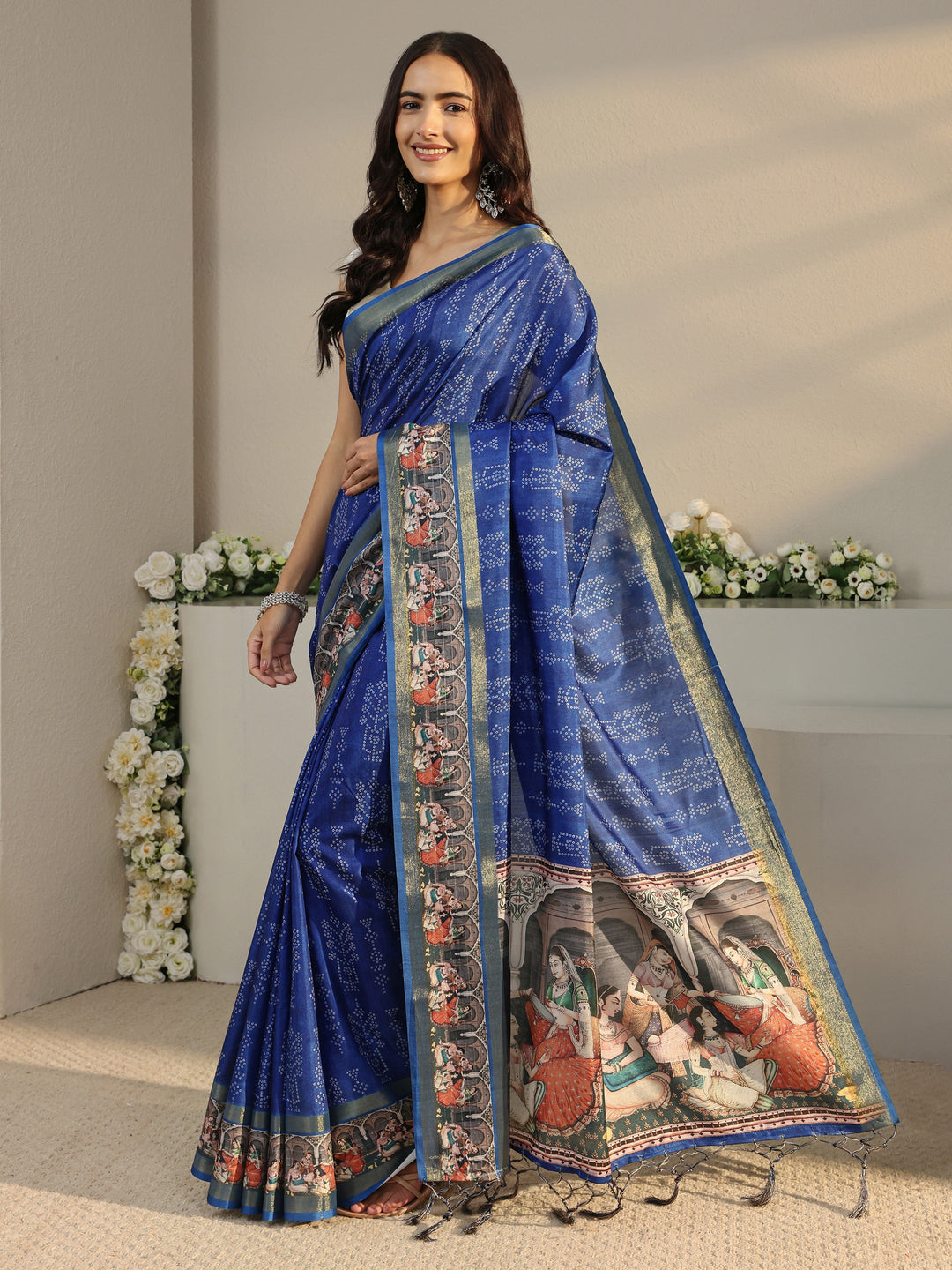  Blue Bandhani Printed Silk Blend Saree With Unstitched Blouse Piece 