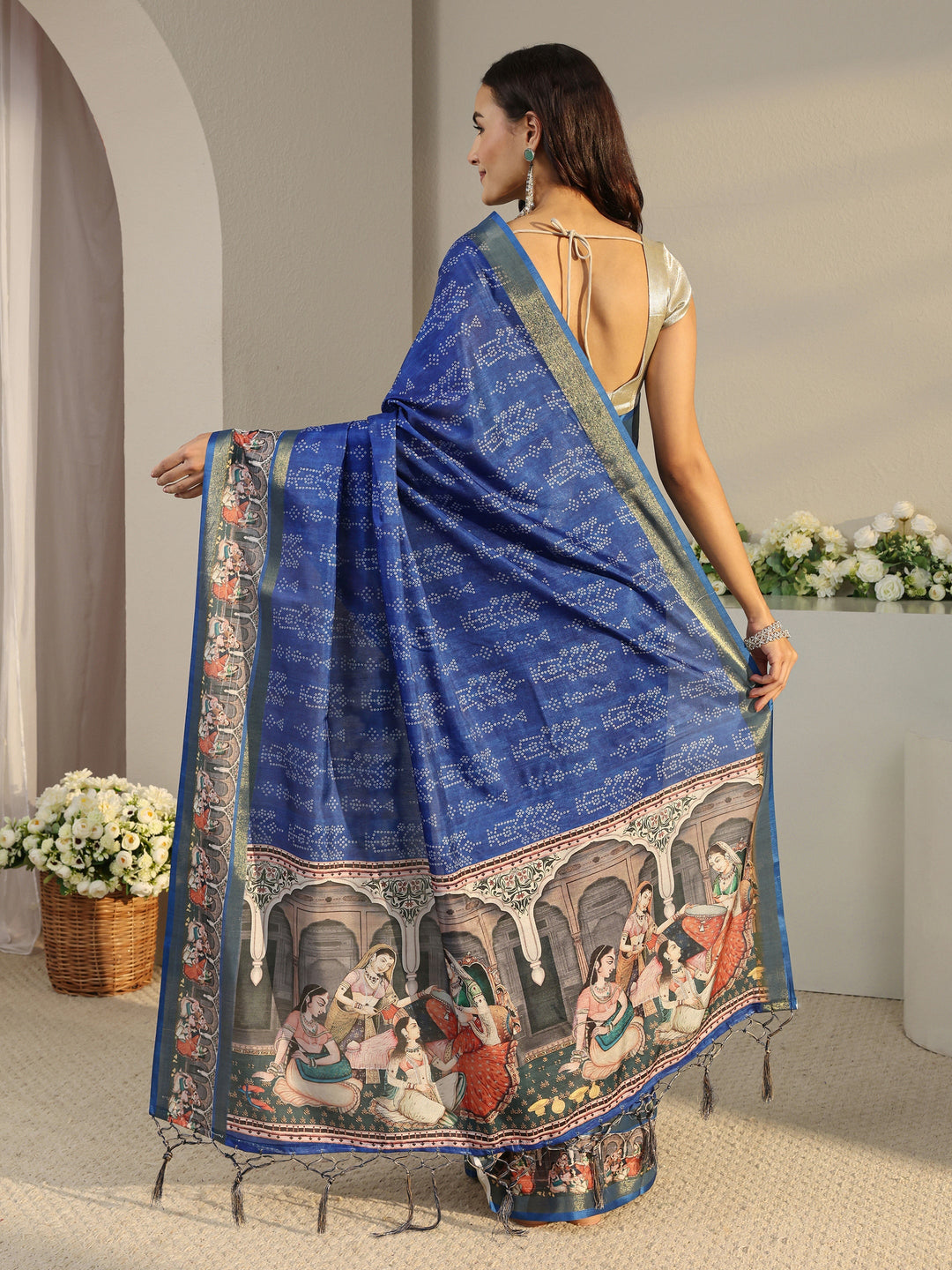  Blue Bandhani Printed Silk Blend Saree With Unstitched Blouse Piece 
