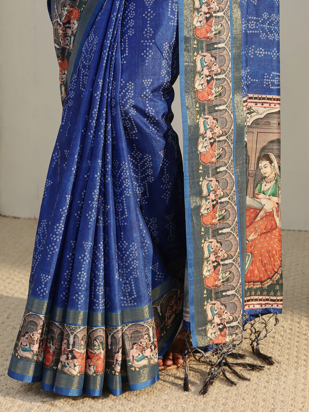  Blue Bandhani Printed Silk Blend Saree With Unstitched Blouse Piece 