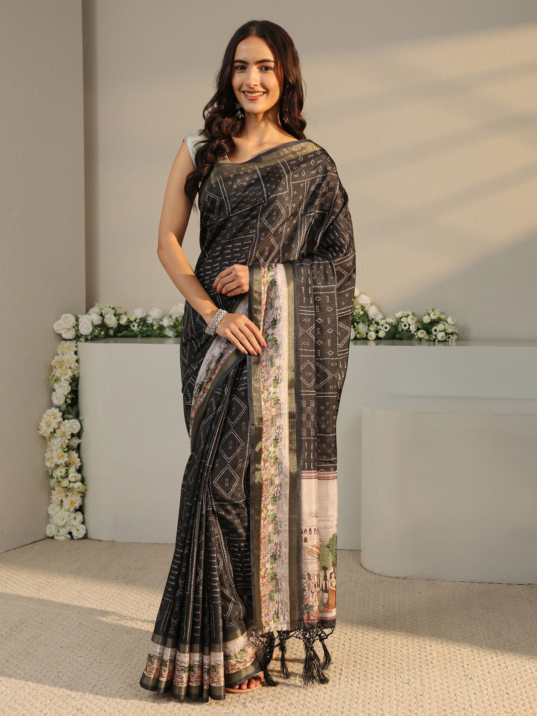  Black Bandhani Printed Silk Blend Saree With Unstitched Blouse Piece 