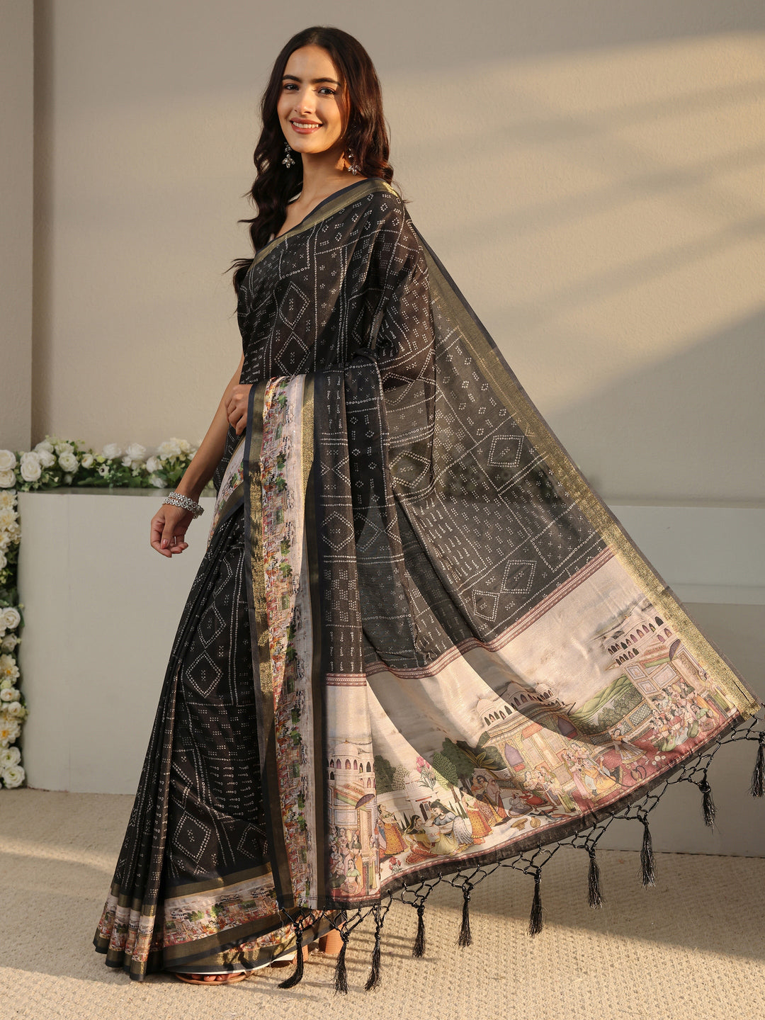 Black Bandhani Printed Silk Blend Saree With Unstitched Blouse Piece 