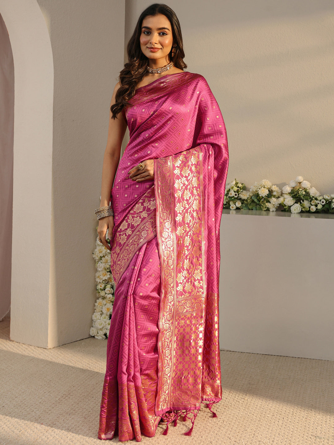  Pink Ethnic Woven Design Silk Blend Saree With Unstitched Blouse Piece 