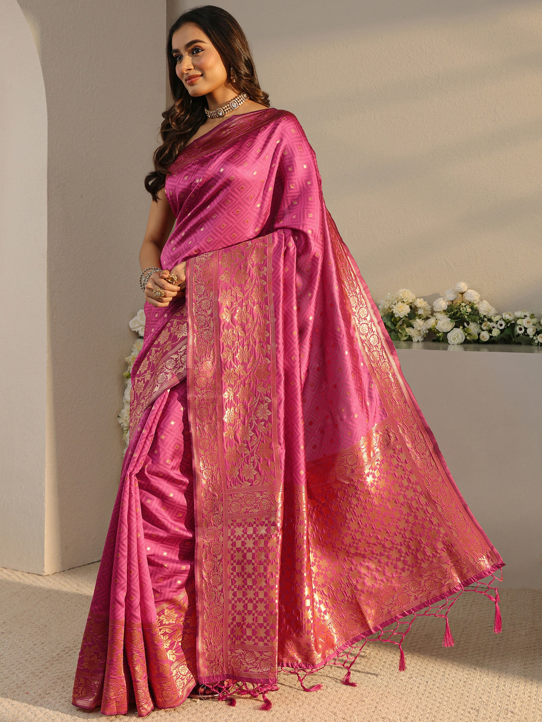  Pink Ethnic Woven Design Silk Blend Saree With Unstitched Blouse Piece 