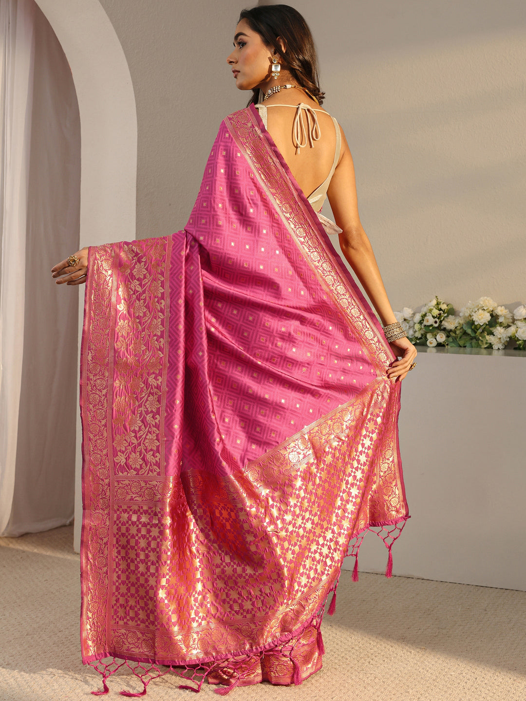  Pink Ethnic Woven Design Silk Blend Saree With Unstitched Blouse Piece 