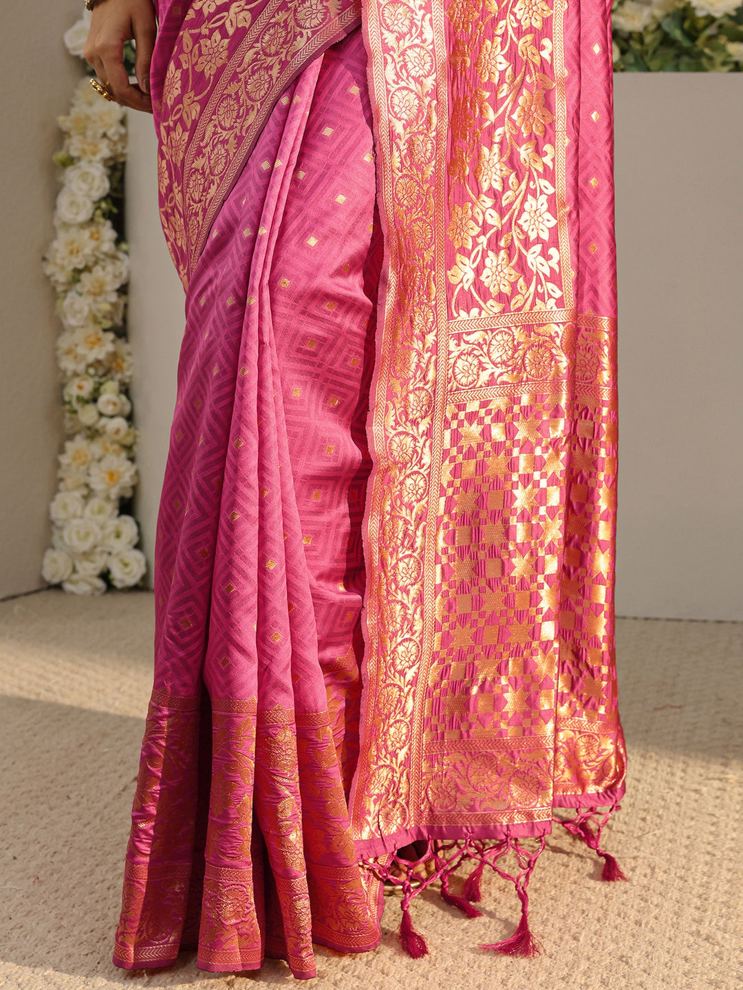  Pink Ethnic Woven Design Silk Blend Saree With Unstitched Blouse Piece 