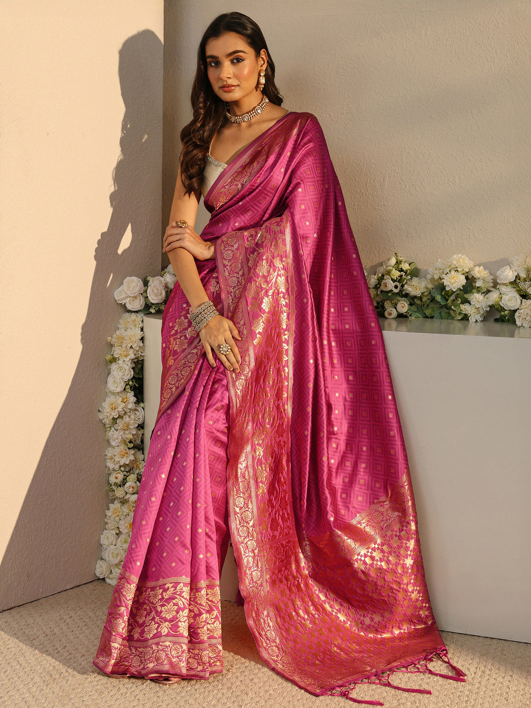  Pink Ethnic Woven Design Silk Blend Saree With Unstitched Blouse Piece 