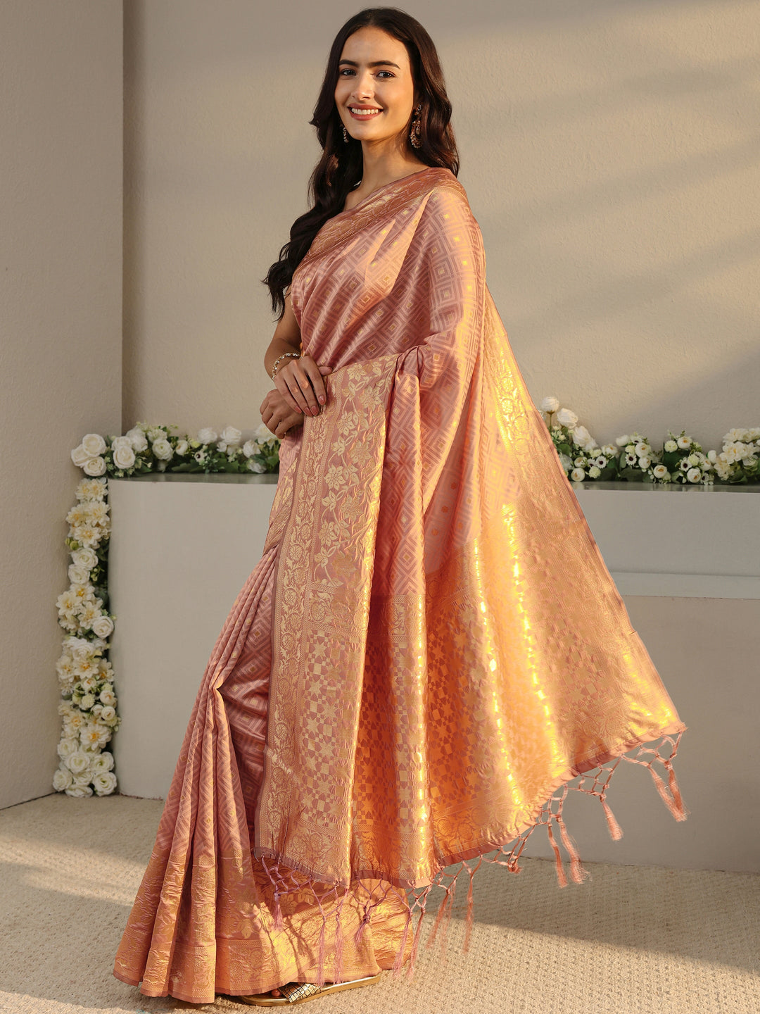  Peach Ethnic Woven Design Silk Blend Saree With Unstitched Blouse Piece 
