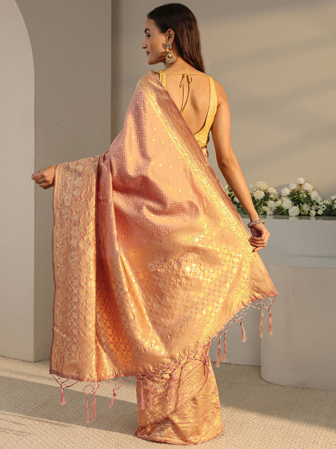  Peach Ethnic Woven Design Silk Blend Saree With Unstitched Blouse Piece 