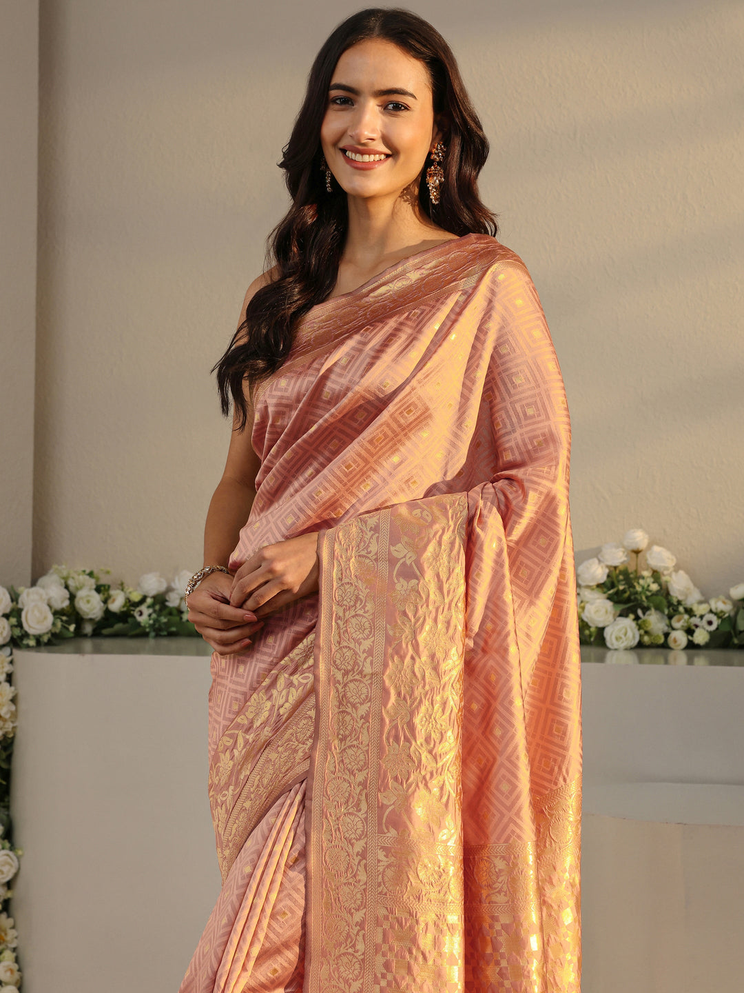  Peach Ethnic Woven Design Silk Blend Saree With Unstitched Blouse Piece 