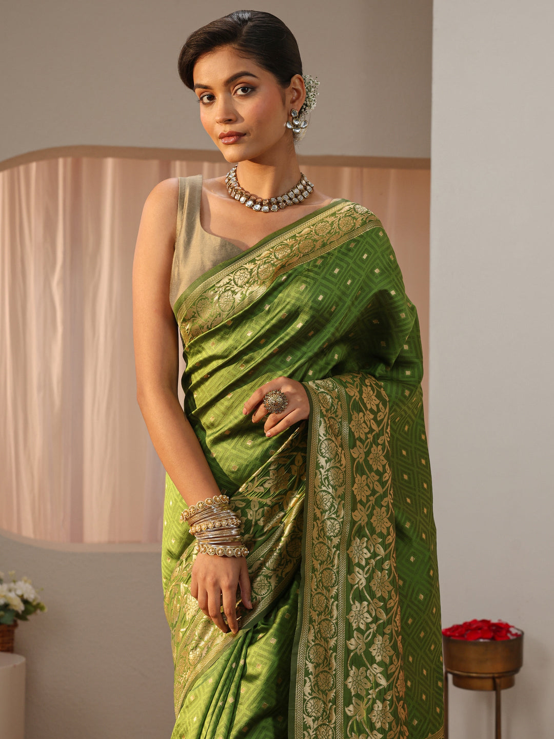  Green Kanjeevaram Silk Blend Saree 