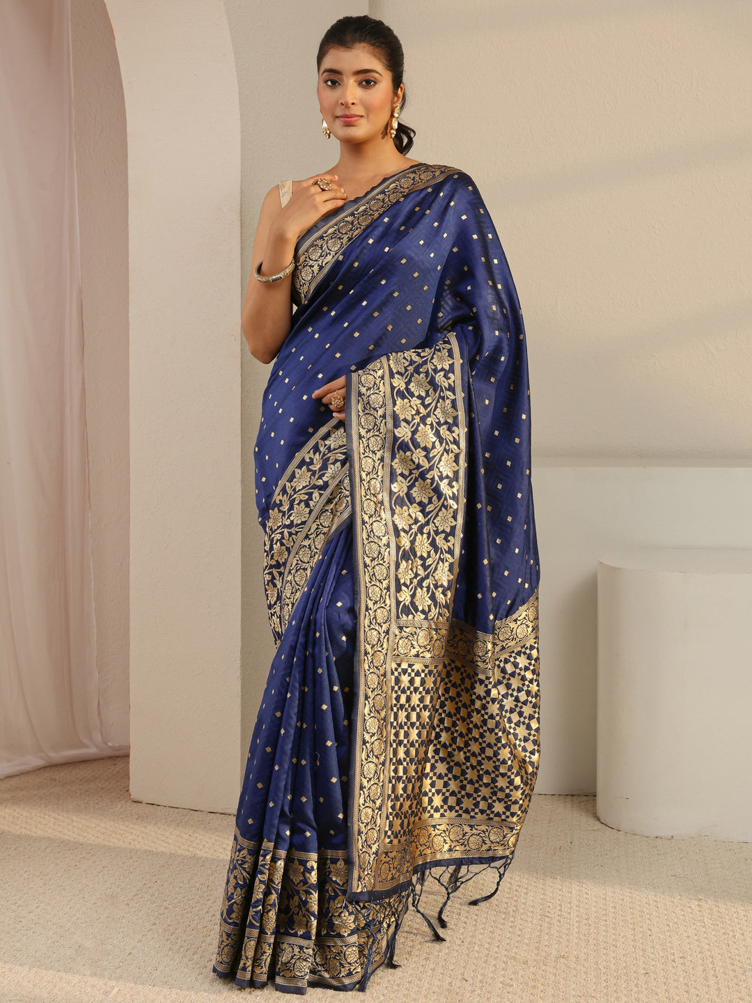  Blue Floral Woven Design Silk Blend Saree With Unstitched Blouse Piece 