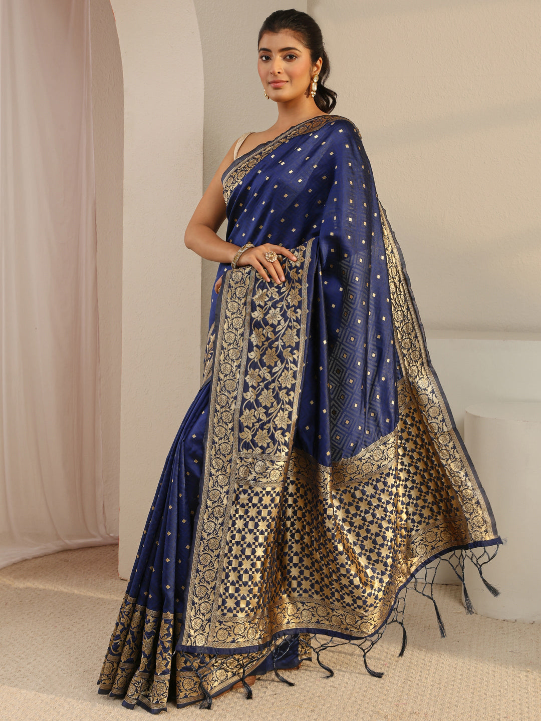  Blue Floral Woven Design Silk Blend Saree With Unstitched Blouse Piece 