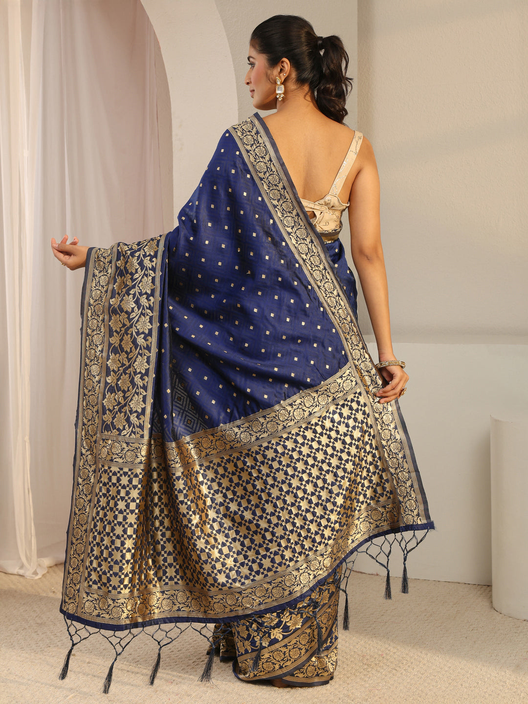  Blue Floral Woven Design Silk Blend Saree With Unstitched Blouse Piece 