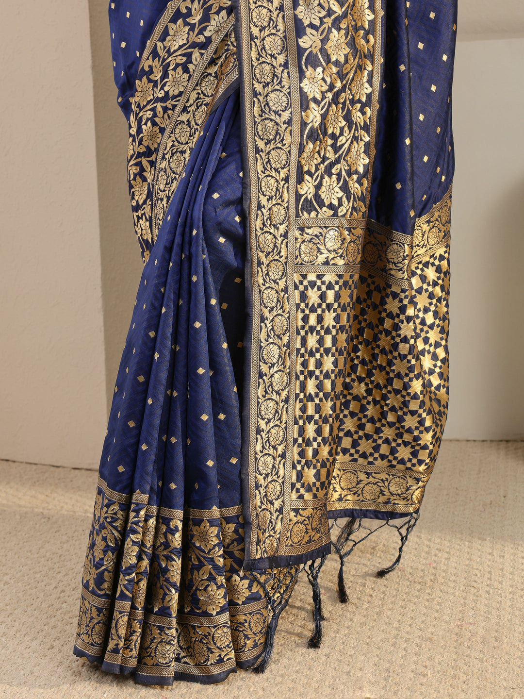  Blue Floral Woven Design Silk Blend Saree With Unstitched Blouse Piece 