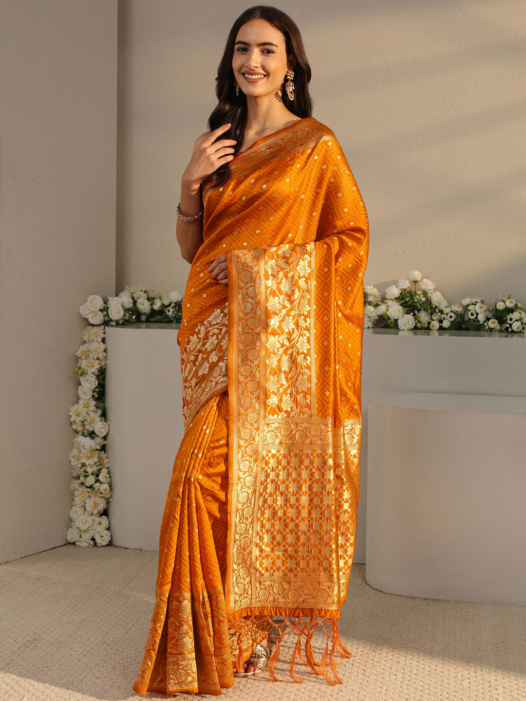  Orange Ethnic Woven Design Silk Blend Saree With Unstitched Blouse Piece 