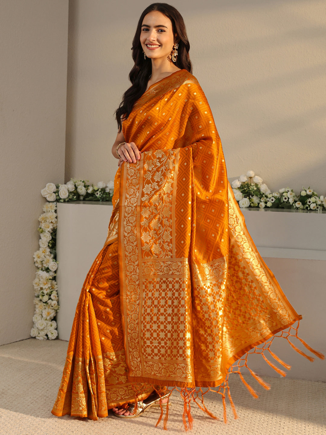  Orange Ethnic Woven Design Silk Blend Saree With Unstitched Blouse Piece 