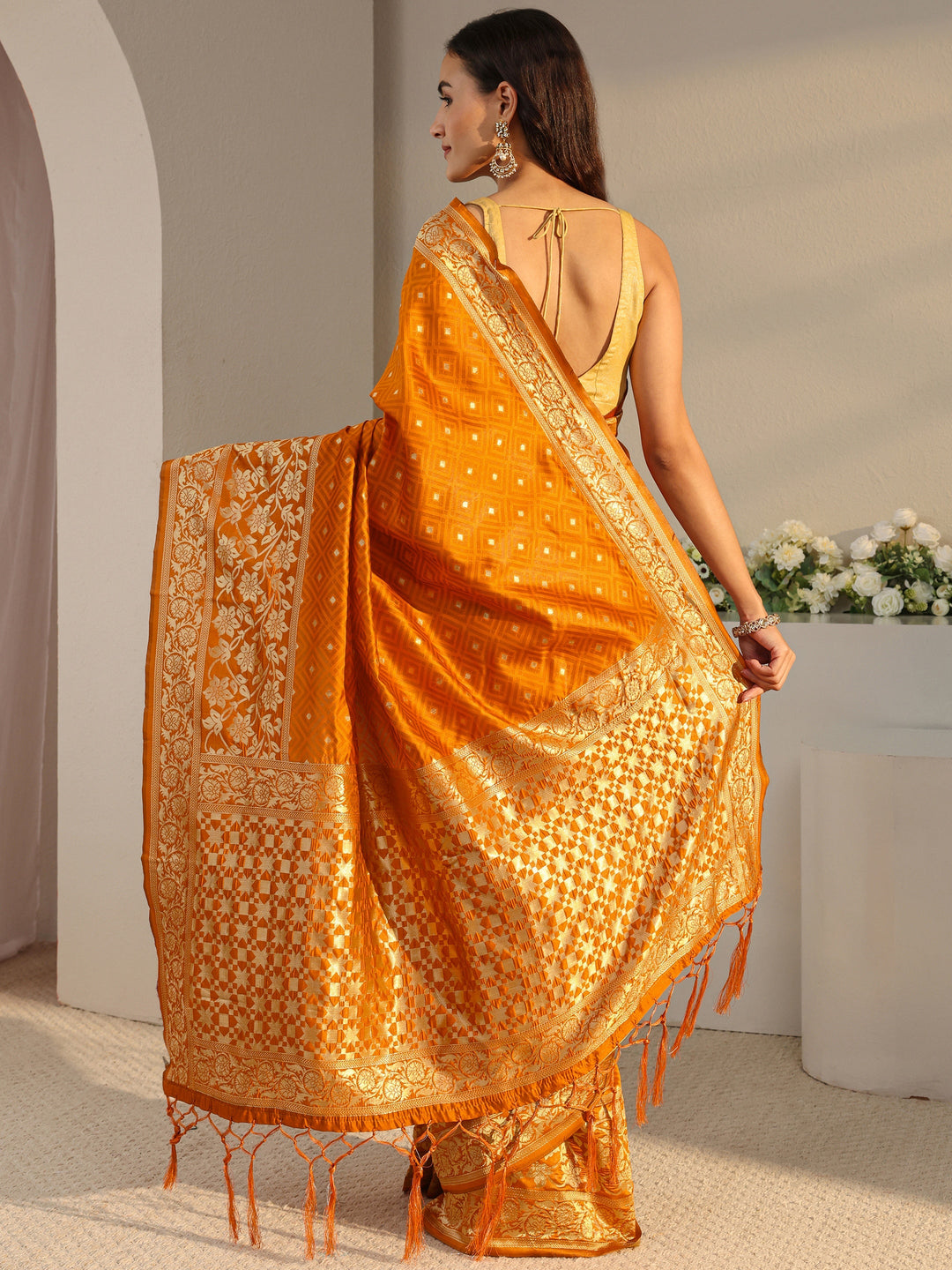  Orange Ethnic Woven Design Silk Blend Saree With Unstitched Blouse Piece 