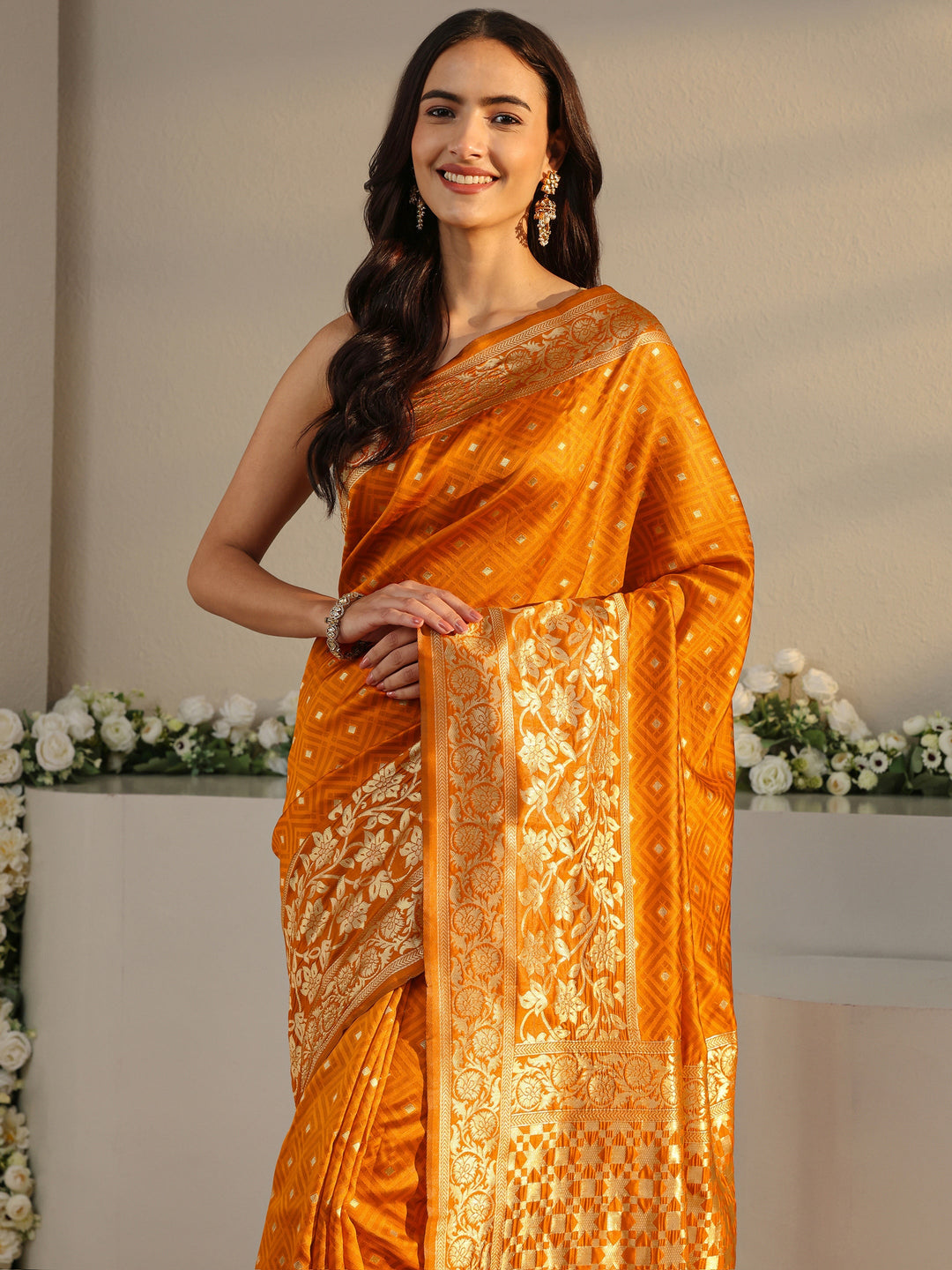 Orange Ethnic Woven Design Silk Blend Saree With Unstitched Blouse Piece 