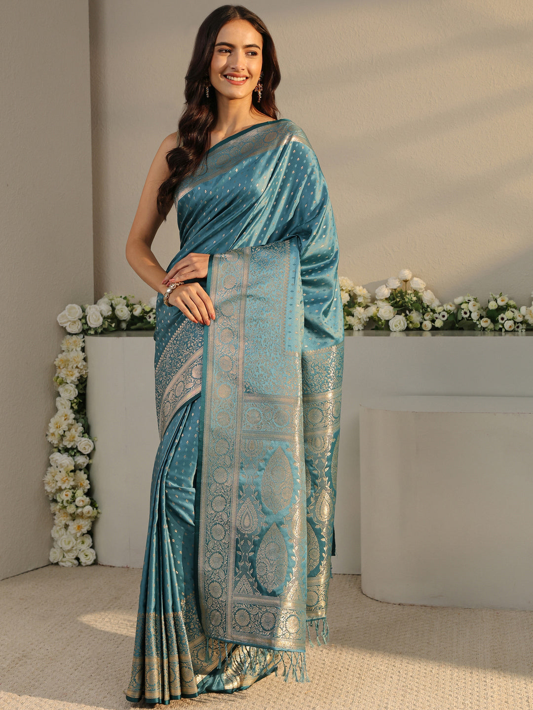  Libas Teal Ethnic Woven Design Silk Blend Saree With Unstitched Blouse Piece 