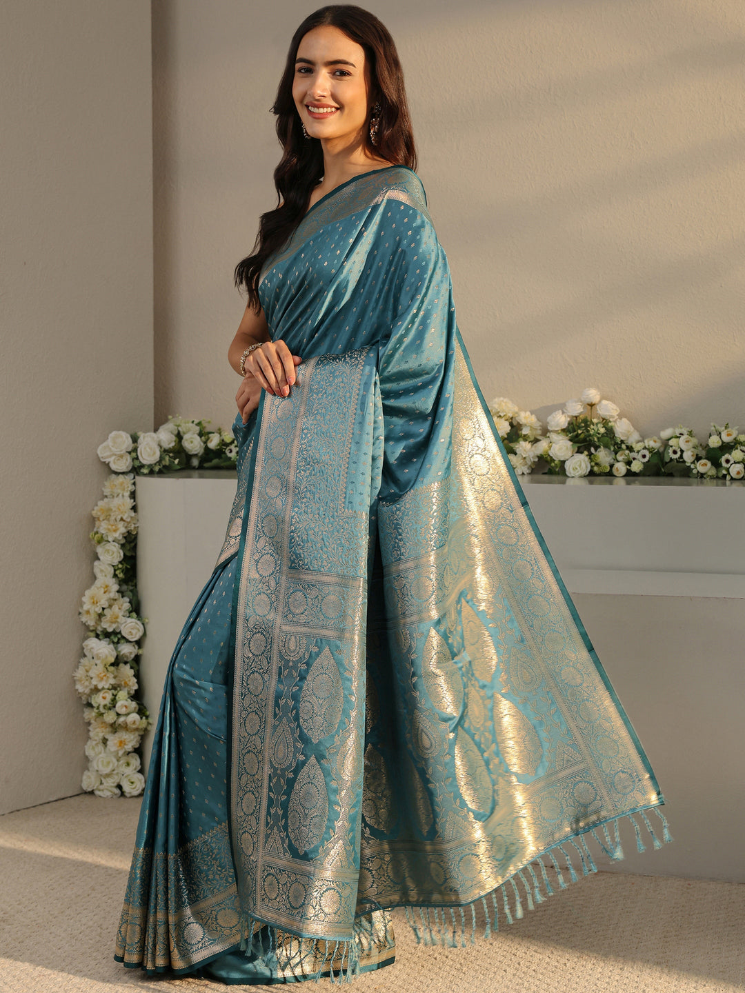  Libas Teal Ethnic Woven Design Silk Blend Saree With Unstitched Blouse Piece 