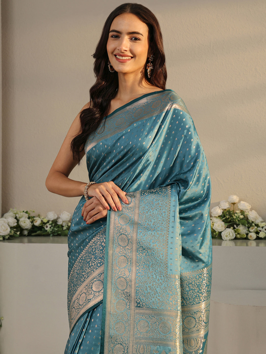  Libas Teal Ethnic Woven Design Silk Blend Saree With Unstitched Blouse Piece 