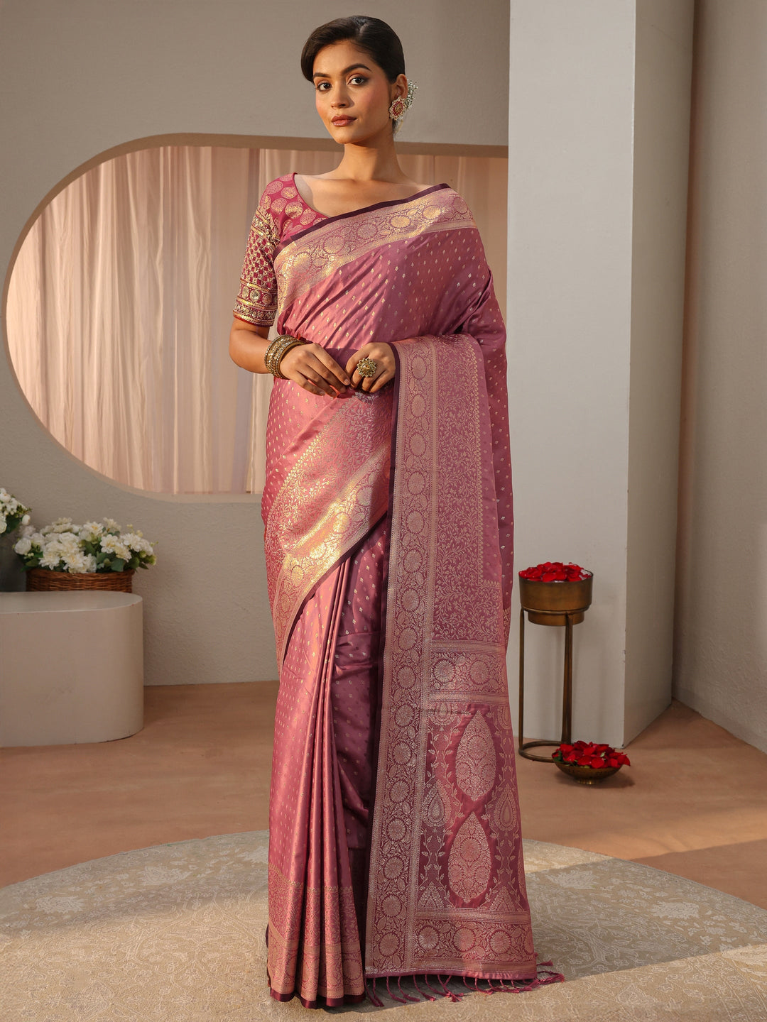  Libas Pink Kanjeevaram Silk Blend Saree 