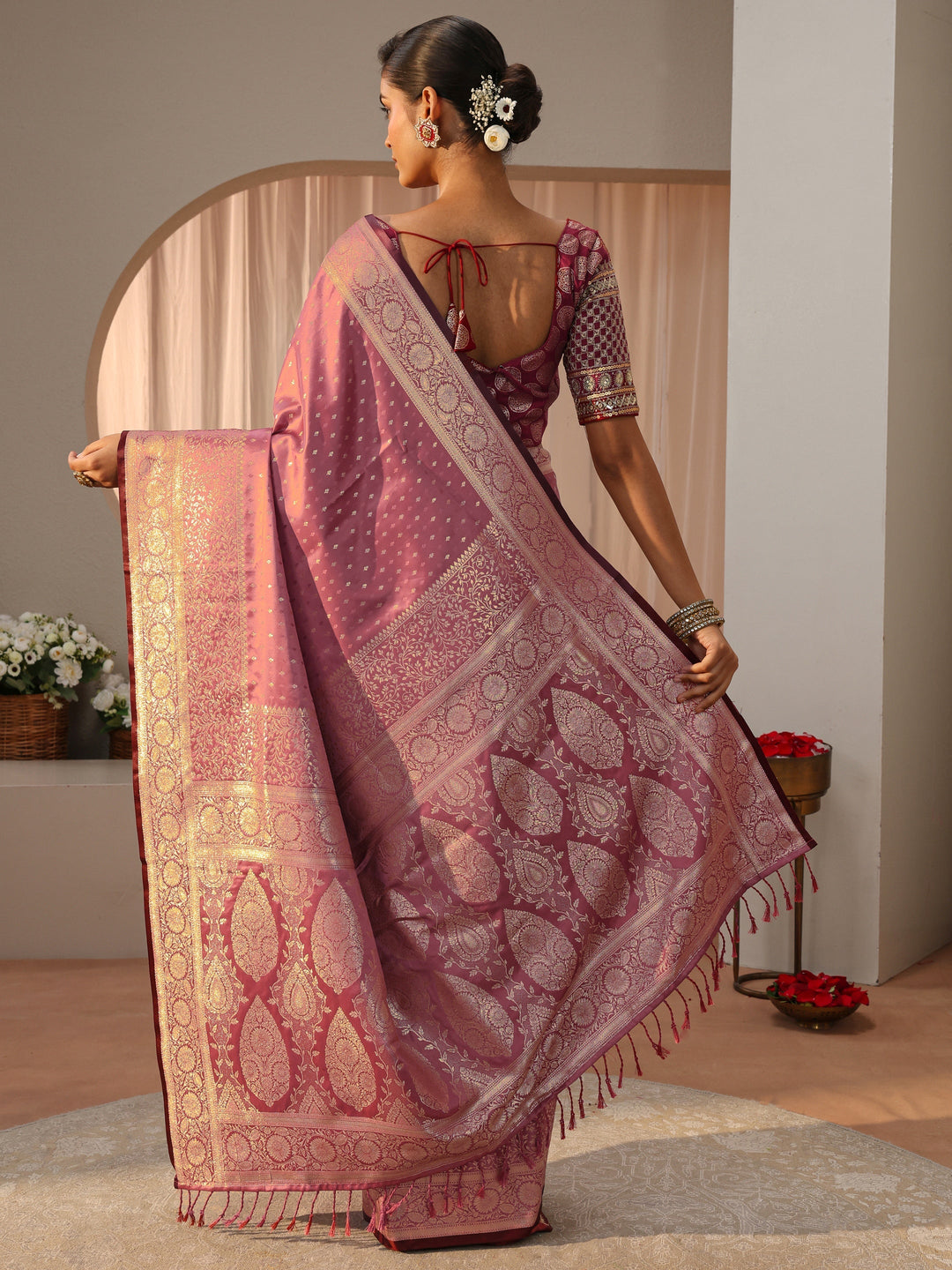  Libas Pink Kanjeevaram Silk Blend Saree 