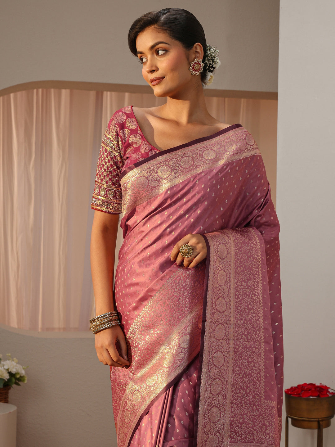  Libas Pink Kanjeevaram Silk Blend Saree 