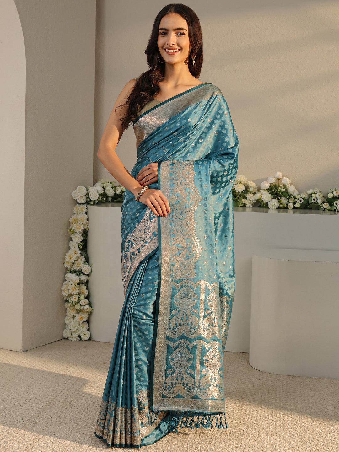  Teal Ethnic Woven Design Silk Blend Saree With Unstitched Blouse Piece 