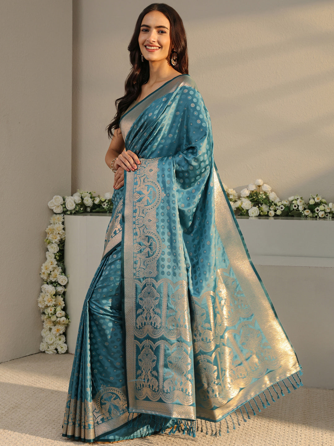  Teal Ethnic Woven Design Silk Blend Saree With Unstitched Blouse Piece 