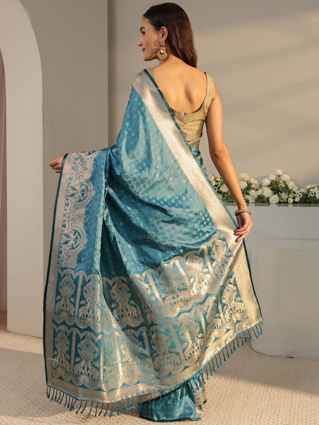  Teal Ethnic Woven Design Silk Blend Saree With Unstitched Blouse Piece 