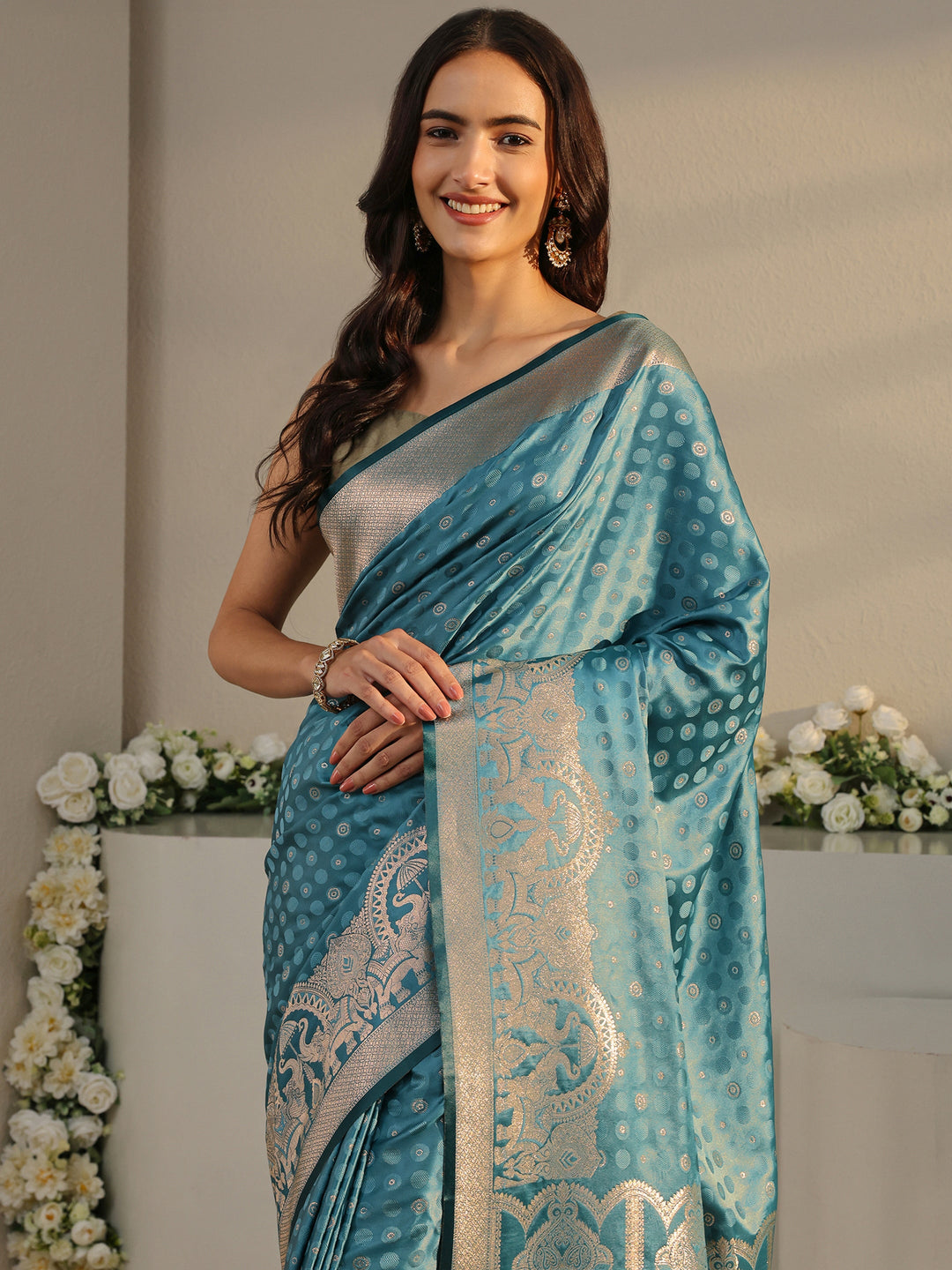  Teal Ethnic Woven Design Silk Blend Saree With Unstitched Blouse Piece 