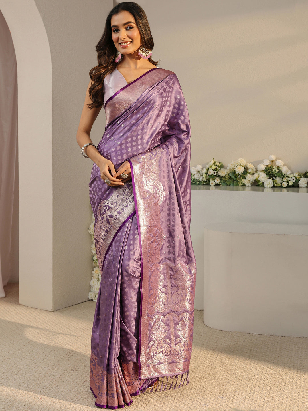  Lavender Ethnic Woven Design Silk Blend Saree With Unstitched Blouse Piece 