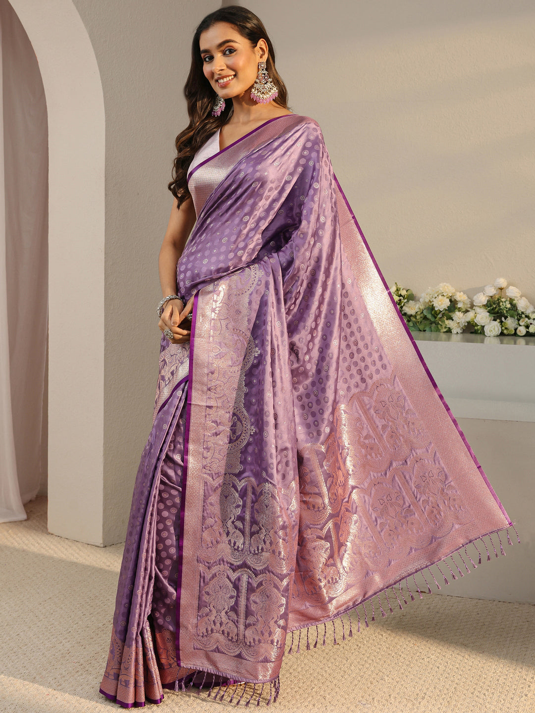  Lavender Ethnic Woven Design Silk Blend Saree With Unstitched Blouse Piece 