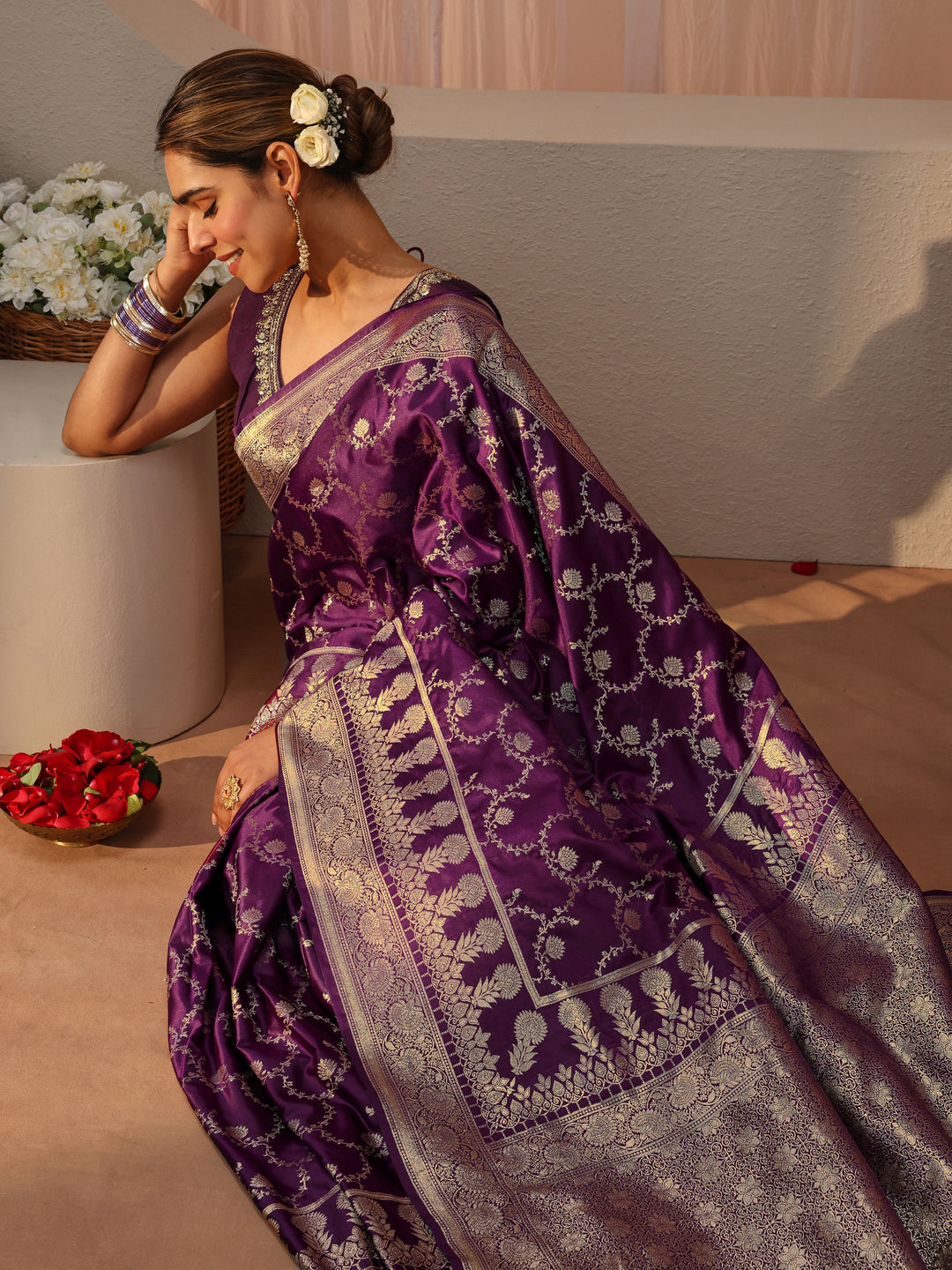  Burgundy Banarasi Silk Blend Saree 