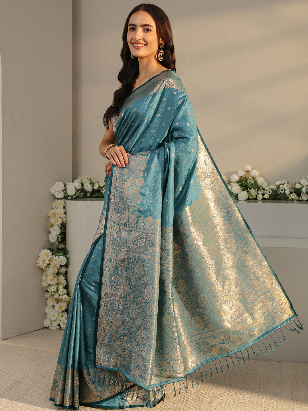  Teal Floral Woven Design Silk Blend Saree With Unstitched Blouse Piece 