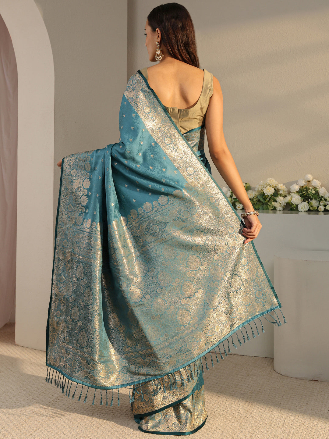  Teal Floral Woven Design Silk Blend Saree With Unstitched Blouse Piece 